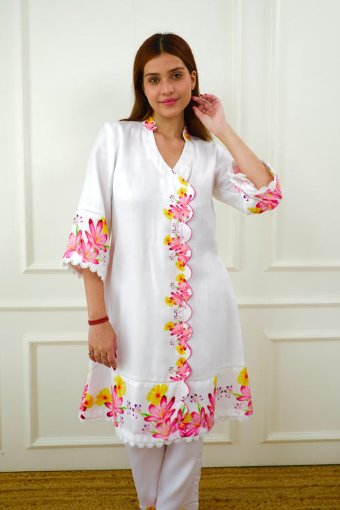 Mahira White Floral Pakistani Kurta Set
